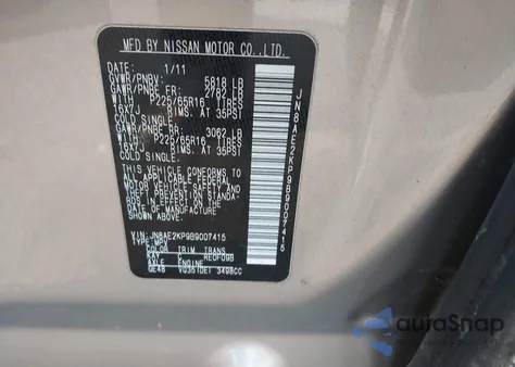 2011 Nissan Quest Sv z USA, uszkodzony, nr VIN JN8AE2KP9B9007415